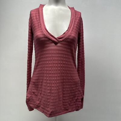 Ibex Long Sleeve T-Shirt Top Shirt Merino Wool Hooded V-Neck Stripe Pink Size XS