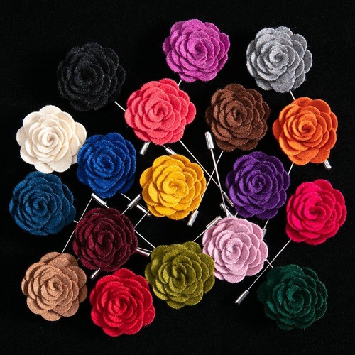 Solid Velvet Flower Pins - 18 Colors Shirt Collar Lapel Pin Mens Suit Accessory - Picture 6 of 40