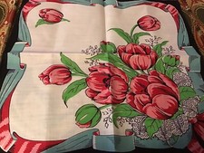 Vintage Hankie Black Pink Red Tulips EC Blue Ribbon