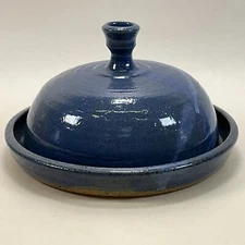 Studio Art Pottery Blue Glazed Cheese Butter Bell Covered Dish - Signed