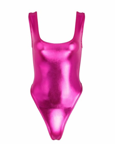 Glänzender Damen-Metallic-Body ärmellos hochgeschnittener Tanga Trikot Clubwear sexy - Bild 12 von 57