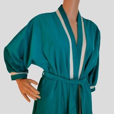 Vintage Kayser Plush Housecoat Robe Size S Green satin Granny pockets T42