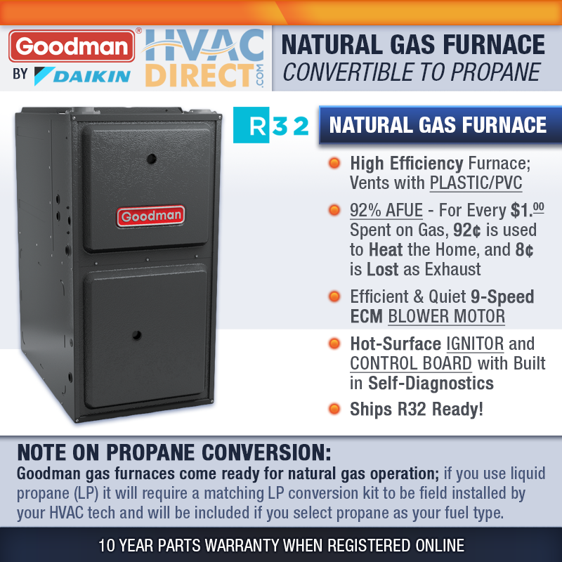 Goodman NG/LP Gas Furnace 120000 BTU 92% AFUE Upflow Horizontal