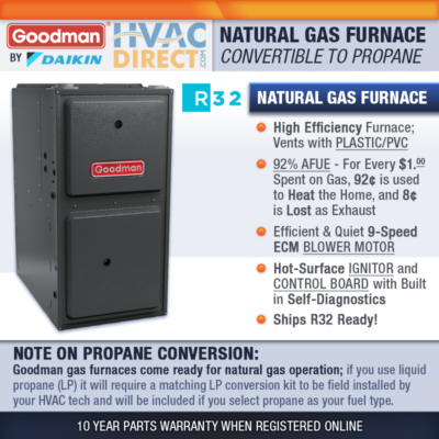 Goodman NG/LP Gas Furnace 120000 BTU 92% AFUE Upflow Horizontal