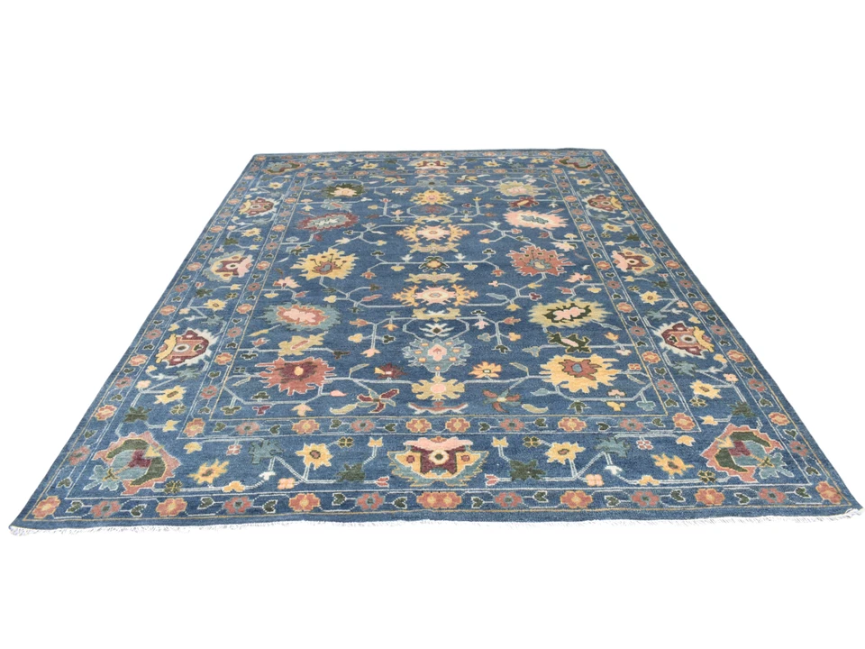 Oriental Navy Blue Oushak Style Area Rug 8x10 Ft Floral Living Room Wool Carpet - Image 3 of 4