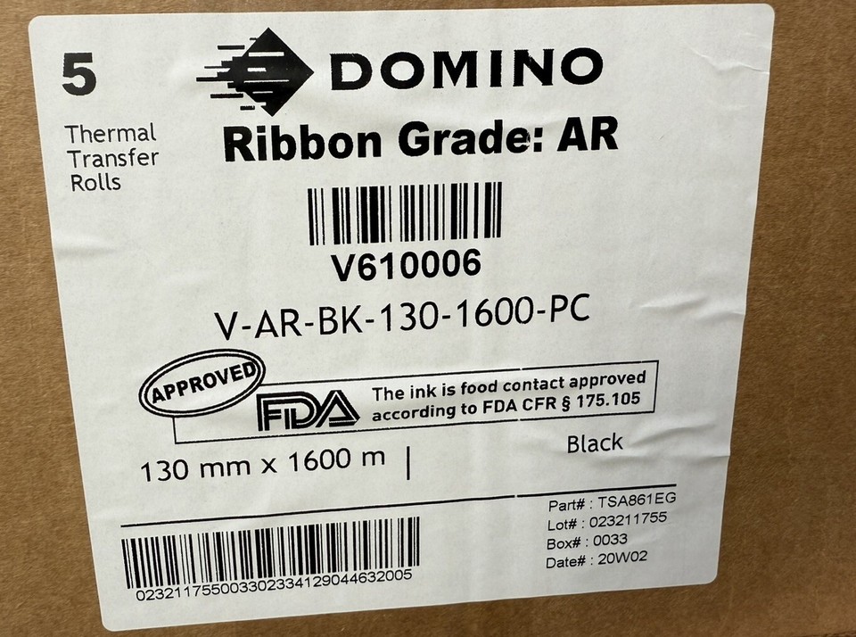Box Of 5 Domino V-AR-BK-130-1600-PC Transfer Ribbon AR Black 130mm X ...