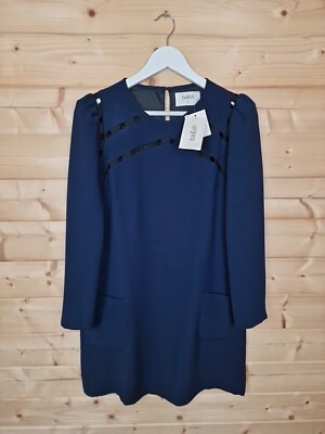 Ba&sh Colina Navy Blue Shift Dress Size 2 UK 10 Long Sleeve Pockets Cut Out