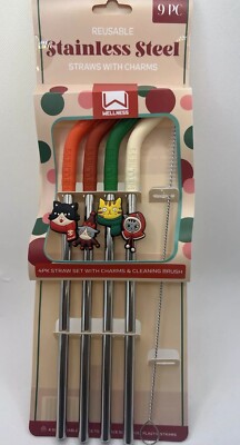 4 Stainless Steel Straws With Cat Charms Christmas