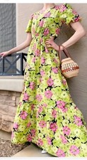WAYF Green Ditsy Floral Puff Sleeve Plaza Cutout Tiered Maxi Dress Size M
