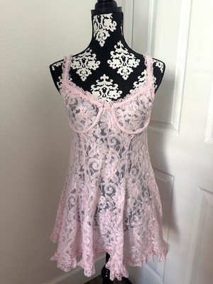 Vtg Private Luxuries M Pink Sheer Coquette Lace Lingerie Babydoll Ruffle 90s