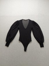 Lulus Women Bodysuit XS Black Long Puff Sleeve V Neck Stretch Chic Comfort