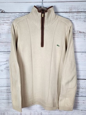 Vintage Lacoste Knit Sweater Mens Sz L Beige 1/4 Zip Mock Neck Elbow Patch Y2K