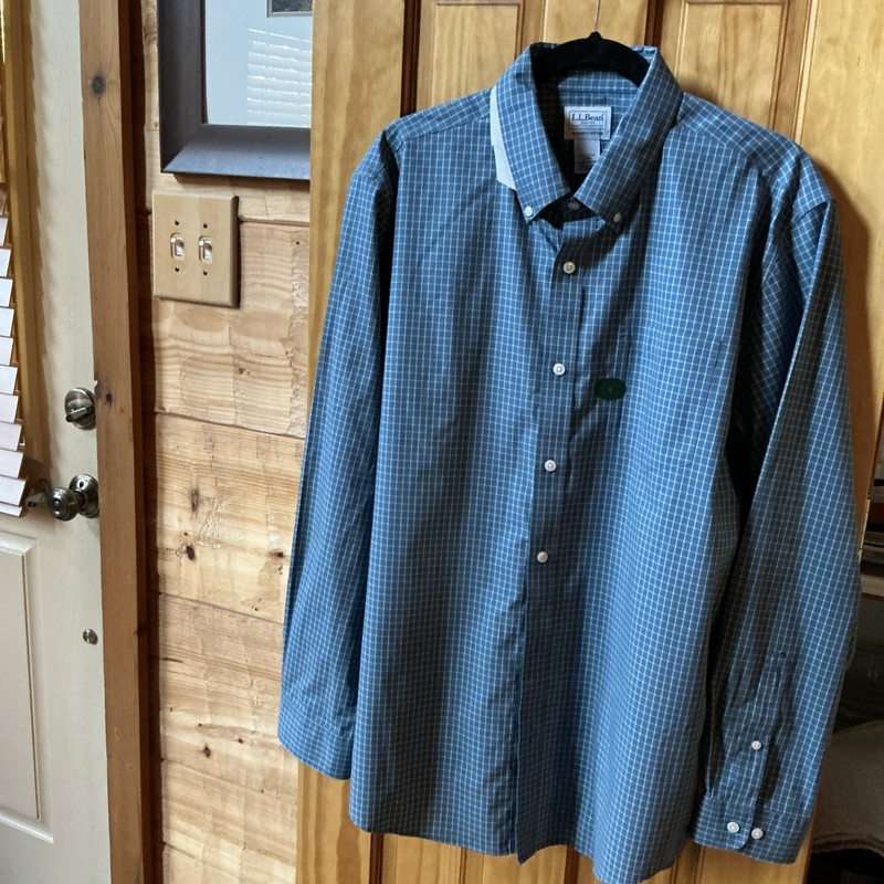 L L Bean Men ‘s Slightly Fitted Shirt Large, Blue Window Pane Check, LS, NWT