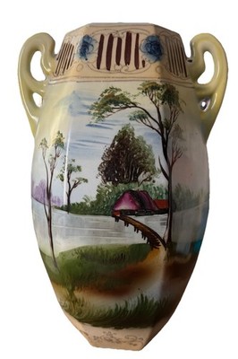 Hand Painted Moriage Nippon ESO Floral / Cottage Scene Handled Vase 13'' 1900