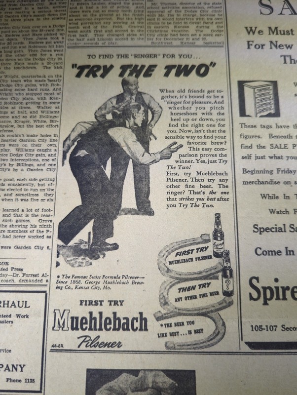 OCT 19, 1945 NEWSPAPER PAGE #2622-  MUEHLEBACH PILSENER BEER- THE BEER YOU LIKE 