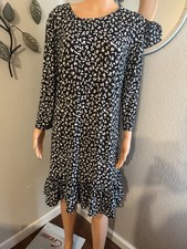 Harper Rose Black White Floral Long Sleeve Shift Dress Ruffle Hem Size 12