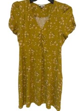 American Eagle Mustard Green and Floral Rusched V-Neck Mini Dress Size XL