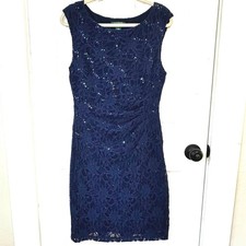 Lauren Ralph Lauren Navy Blue Sequin Lace Ruched Sheath Dress Womens 12 Formal