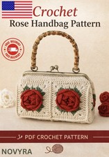 Handmade Crochet Rose Handbag Vintage Bamboo Handle Floral Granny Square Purse
