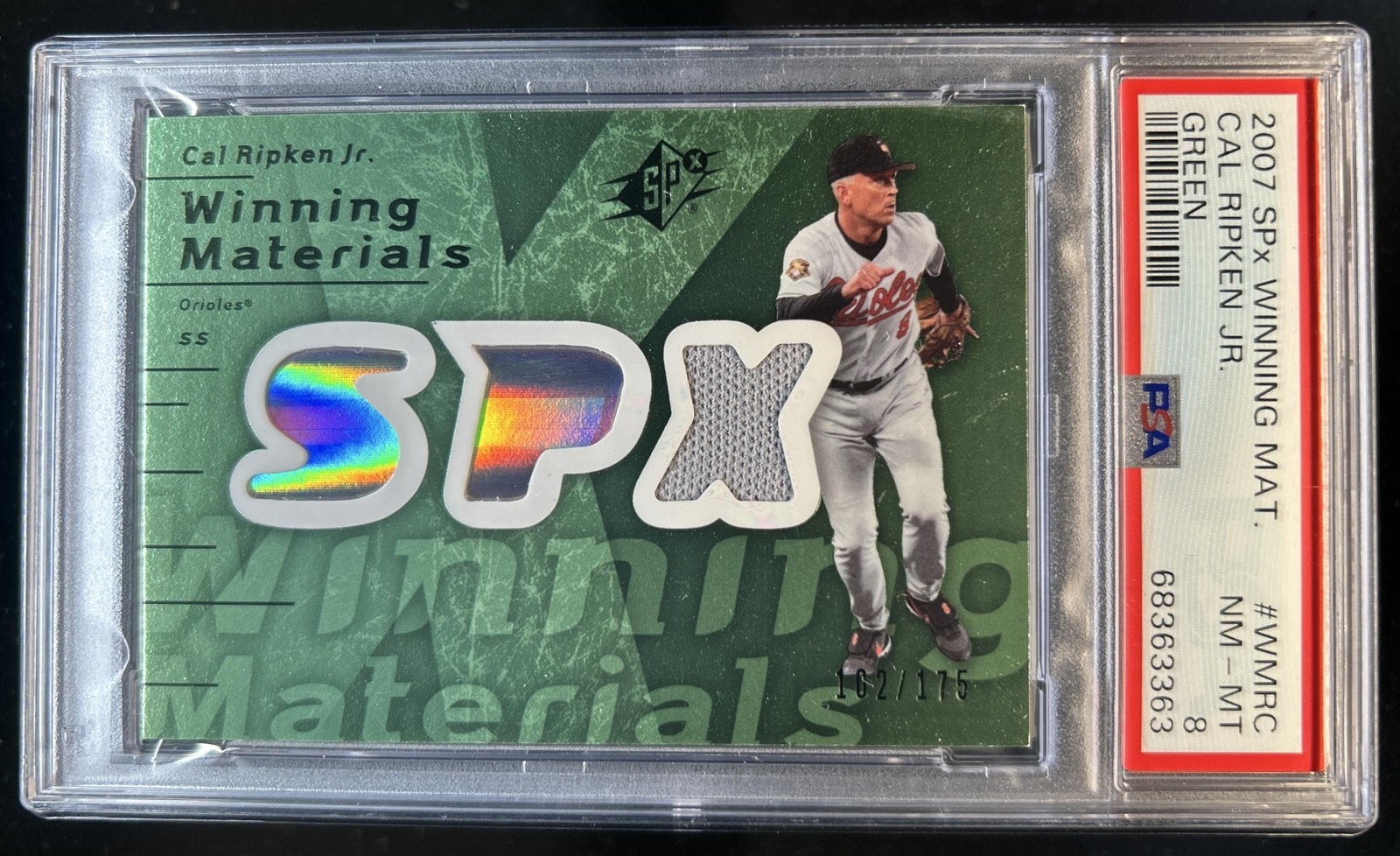 2007 SPx Cal Ripken Jr. Winning Materials Green Jersey #/175 Orioles PSA 8
