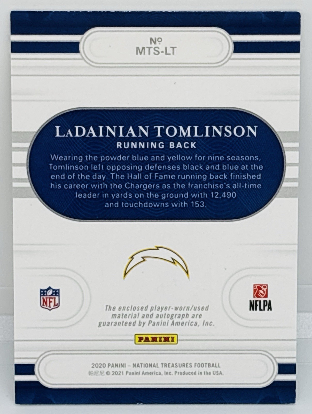 2020 National Treasures LaDainian Tomlinson RARE ON-CARD Patch Auto /49 Chargers view 4