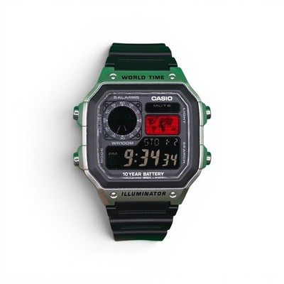 CASIO AE-1200WHD. Royale Watch Mod. Negative Display. RED World Map