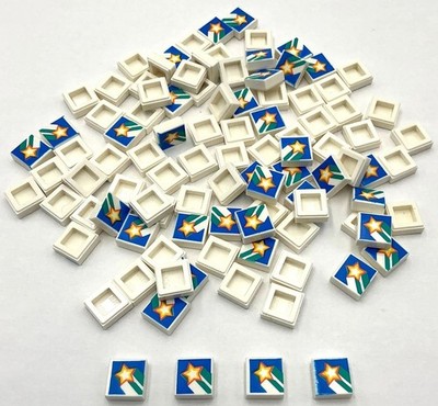 Lego 100 New White Tiles Flat Smooth 1 x 1 Star and Dark Turquoise Stripes Parts
