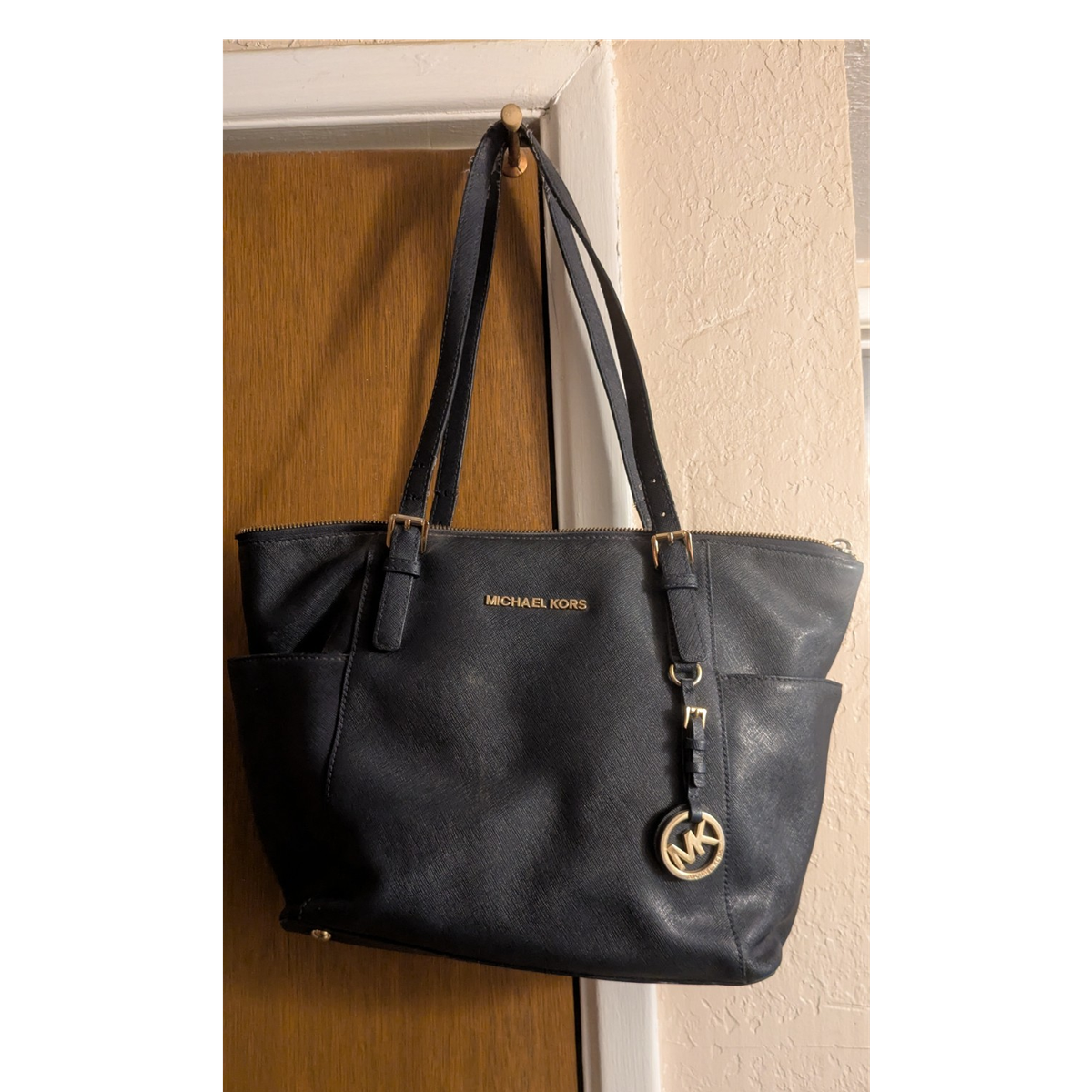 Michael Kors Black Tote Bag Gold Hardware Logo Charm Zip Closure