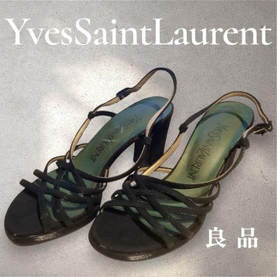 Yves Saint Laurent Black Strappy Sandals Open Toe Mid Heel Women's 34.5 US4.5