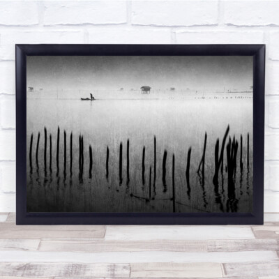Schwarz & Weiß See Kratzer Schilf See Boot launisch Wandbild Kunstdruck