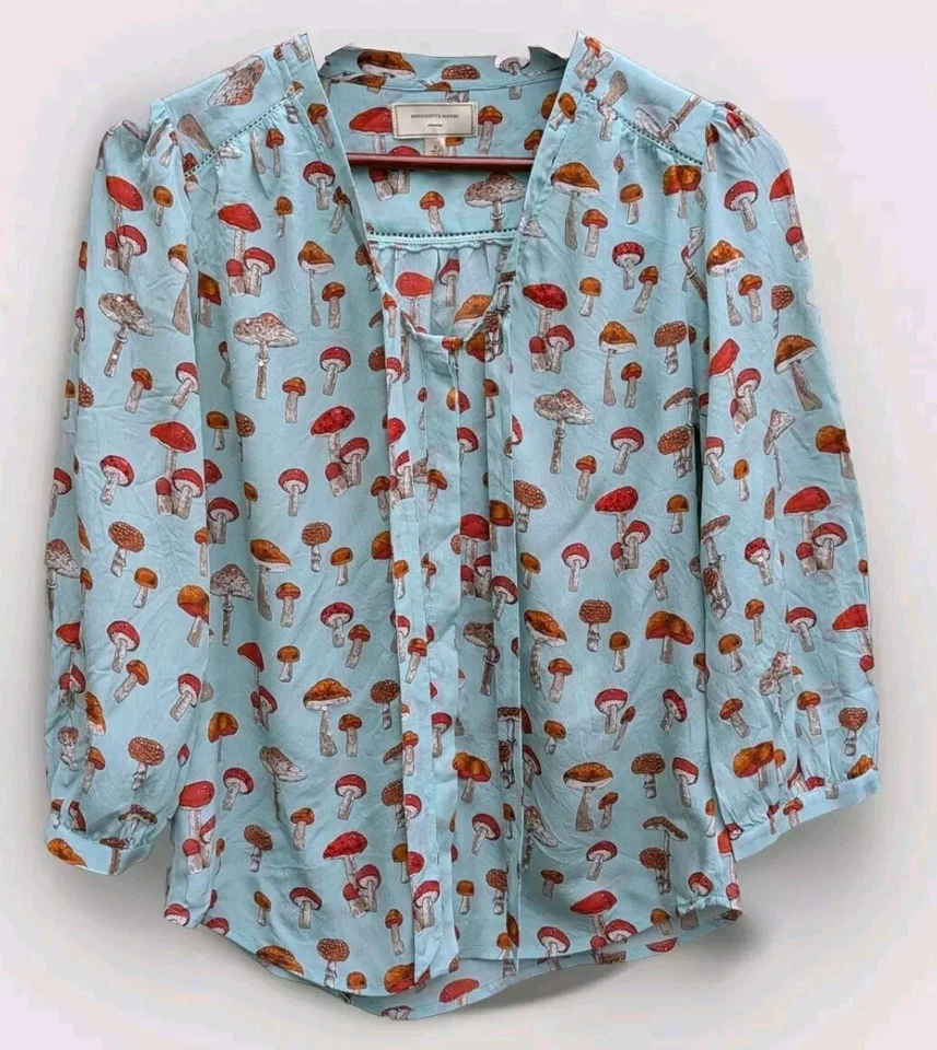 Moulinette Soeurs 100% Silk Sz 2 Mushroom Print Bow Neck Blouse Top Anthropolog - Image 2 of 4