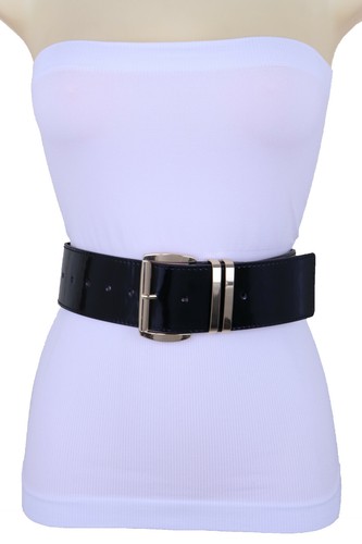 Mujer Negro Ancho Cinturilla Cinturón de Moda Metal Dorado Hebilla Cómodo Fit M - Imagen 11 de 24