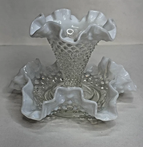 Vintage Fenton Hobnail White Opalescent Ruffled footed Vase Saucer 3.75" tall