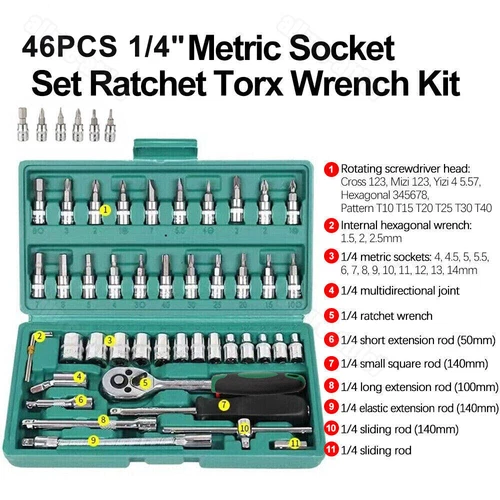 46Pcs Socket Wrench Set 1/4" Drive Ratchet Metric Kit Garage Car Repair Tool USA - Picture 14 of 23