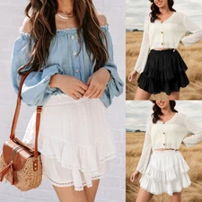 Women's Stretch High Waist A-line Flared Mini Skater Skirt Casual Pleated Skirts