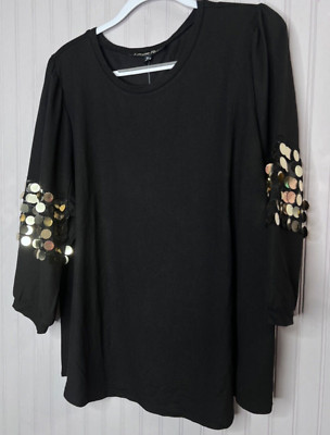 Louise Paris Womens TOP 2X  Black Large Gold Sequin Movement Eye Catching NEW