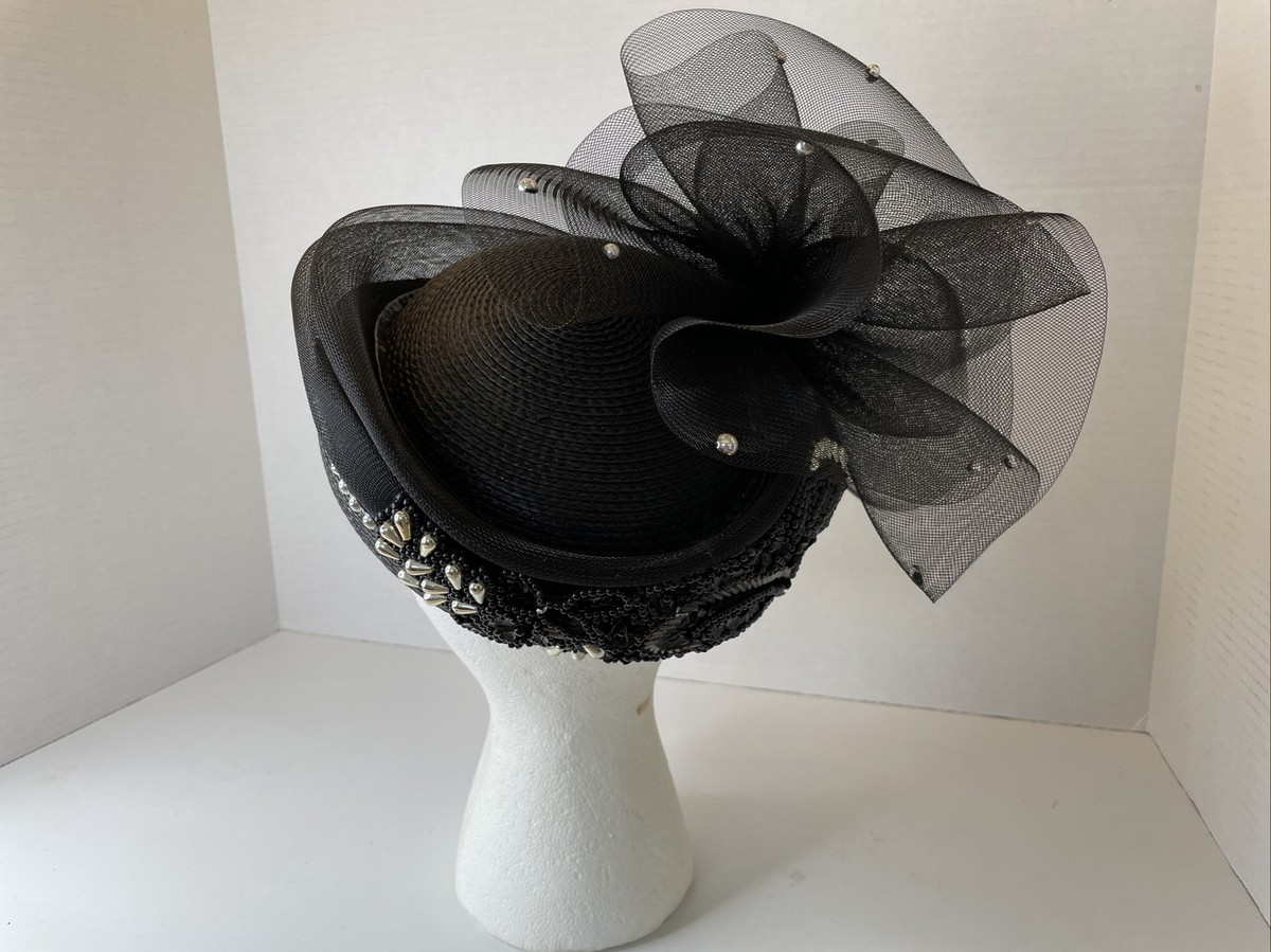 Vintage Pillbox Derby Church Hat Black Straw Raffia Silver  display picture 1