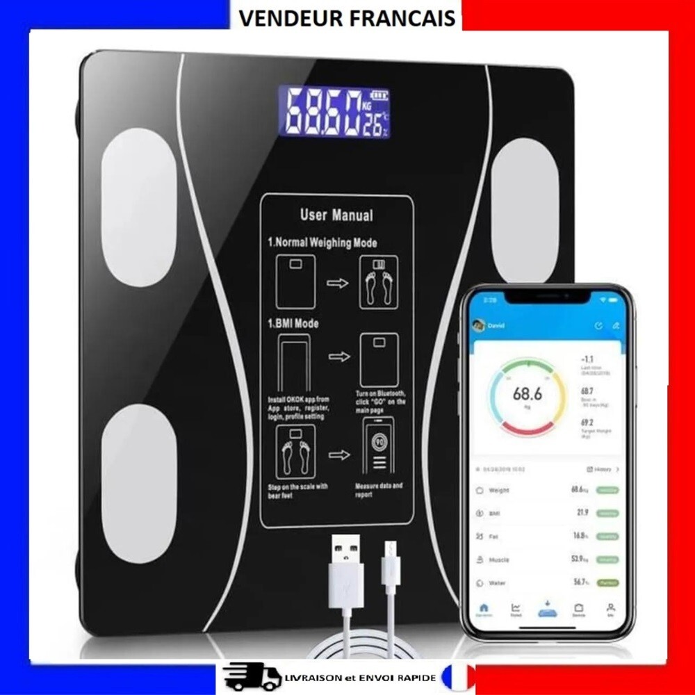Pèse personne impédancemètre Bluetooth USB 180 kg noir