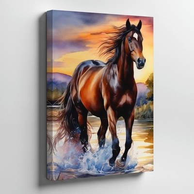 Brown Horse Running Through Water Canvas Wall Art Animal Nature Decoration Print