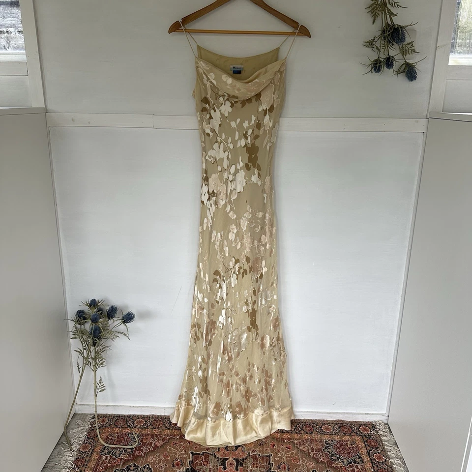 Monsoon Gold Cream Devore Bias Cut Silk 90’s/y2k Evening Gown Dress Prom Size 12 - Image 4 of 4