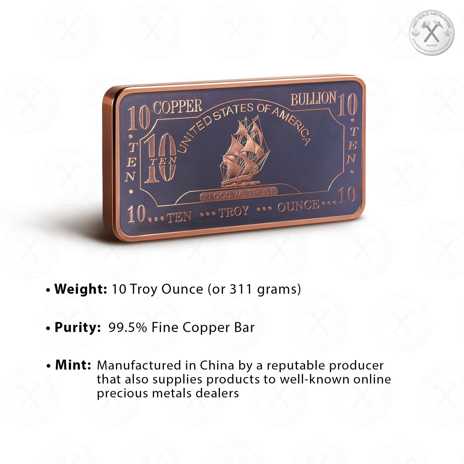 純銅ラウンド 99.9%以上 FINE COPPER 40ミリ 29g X10枚 2x 10 oz .999 Copper Bullion Bars – Mayflower Ship Design – CMC