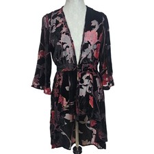 Angie Kimono Duster Black Floral Velvet Burnout High Low Boho Festival Small