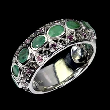 925 Sterling Silver Ring Oval Emerald Rhodolite Natural Gemstone Jewelry Size 9
