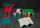 LOT of 8 Vintage Fisher Price Little People Cars 70's Garage Lift 930 Wood