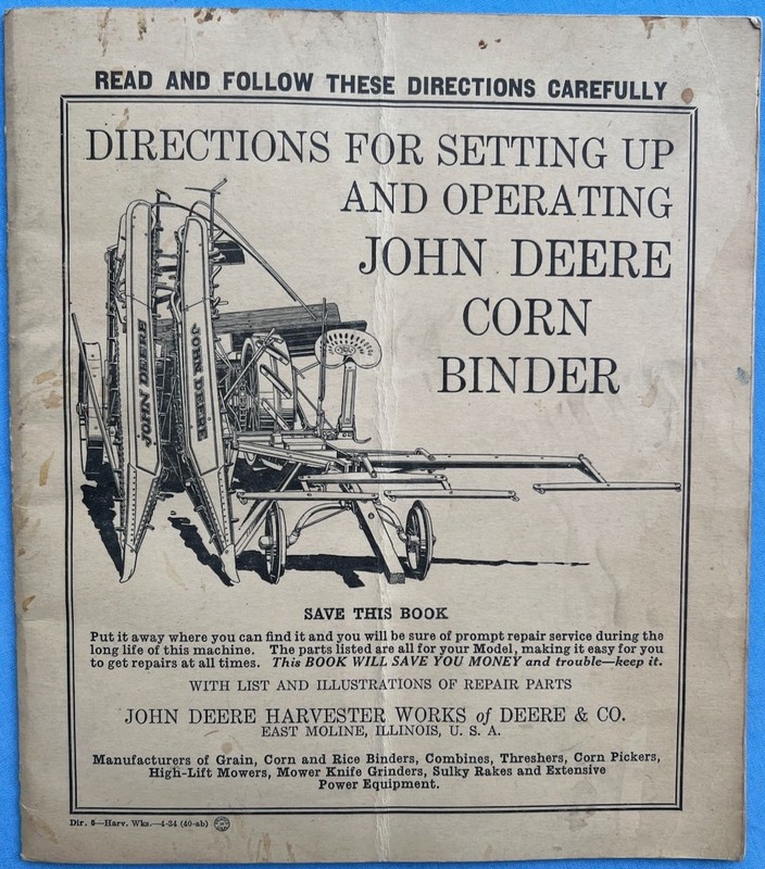 Vintage John Deere Co Corn Binder Product Manual Operating Directions