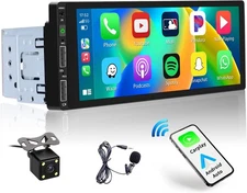 6.9 Inch Car Stereo, Single Din, Touchscreen, Audio Receiver, Mic, & Backup Cam