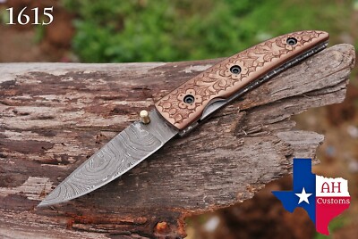 HAND FORGED DAMASCUS STEEL FOLDING POCKET KNIFE W/COPPER ENGRAVED HANDLE AH-1615