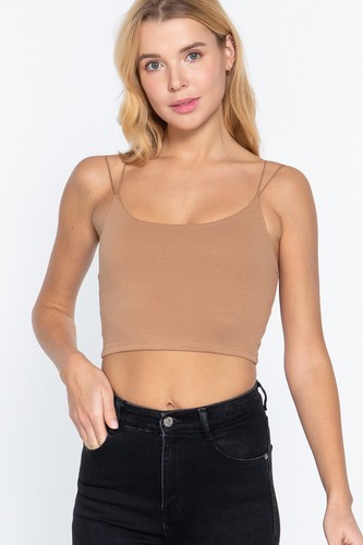 Women Round Neck Two Ply Knit Cami Crop Top Double Elastic Strap - Picture 27 of 86