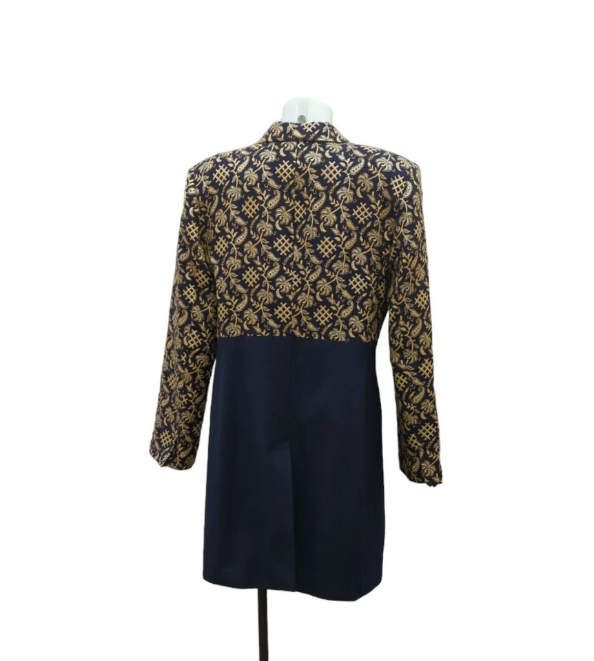 Abrigo de vestir vintage 1990 hilos metálicos dorado azul marino forrado lana hecho a mano Foto 3 de 4