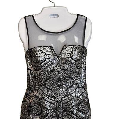 Adrianna Pappel Silver Black Sequin Sheer Yoke Sheath Party Dress Women's 8  New | eBay
